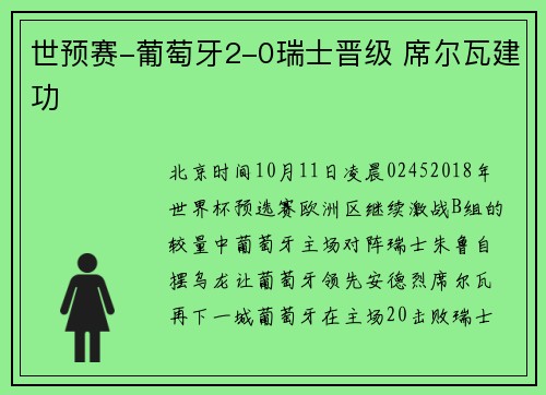 世预赛-葡萄牙2-0瑞士晋级 席尔瓦建功